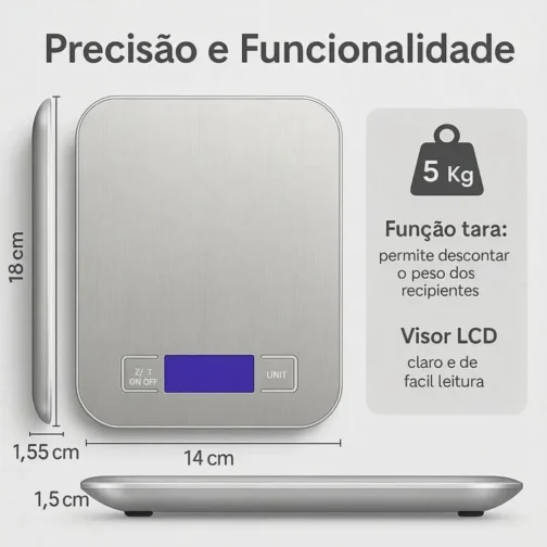 Balança de Cozinha Digital Premium em Inox Resistente à Água Portátil com Base Antiderrapante Visor de Alta Definição Alta Precisão Pesagem de 1g a 10kg Ideal para Dieta Fitness Alimentos Saudáveis! - Imagem 4