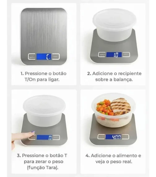 Balança de Cozinha Digital Premium em Inox Resistente à Água Portátil com Base Antiderrapante Visor de Alta Definição Alta Precisão Pesagem de 1g a 10kg Ideal para Dieta Fitness Alimentos Saudáveis! - Imagem 5