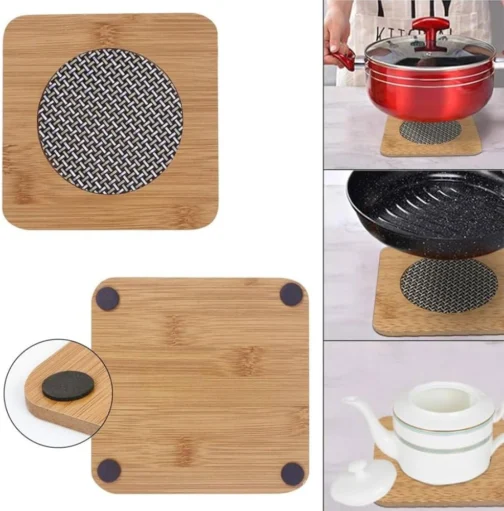 Kit 4 Descansos de Panela em Madeira Quadrado - Suportes de Bambu para Panela Quente - Proteção de Mesa - Utensílio de Cozinha Antiderrapante Resistente ao Calor - Shop100 - Imagem 3
