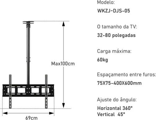 Suporte de Teto para TV 32 a 80 Pol, VESA 75x75 a 600x400 mm - Imagem 9
