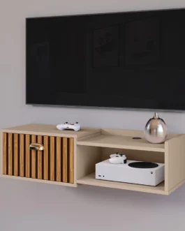 Rack Suspenso Home TV 32″ Bancada Flutuante Canadá 90cm Porta Nicho Eletrônico Sala Quarto Pequeno – Lojas RPM (90 cm – Fendi/Ripado)
