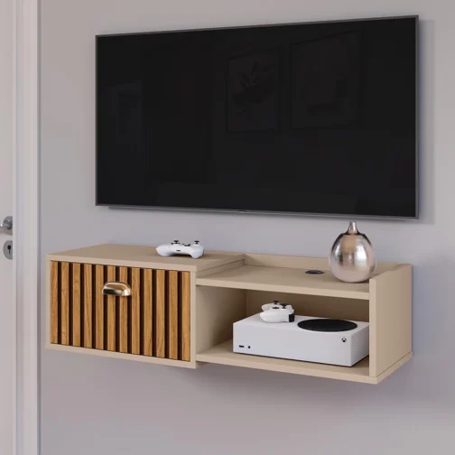 Rack Suspenso Home TV 32" Bancada Flutuante Canadá 90cm Porta Nicho Eletrônico Sala Quarto Pequeno - Lojas RPM (90 cm - Fendi/Ripado) - Imagem 2