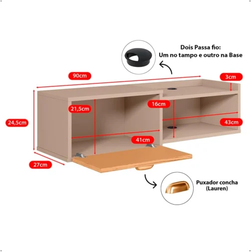 Rack Suspenso Home TV 32" Bancada Flutuante Canadá 90cm Porta Nicho Eletrônico Sala Quarto Pequeno - Lojas RPM (90 cm - Fendi/Ripado) - Imagem 3