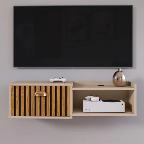 Rack Suspenso Home TV 32" Bancada Flutuante Canadá 90cm Porta Nicho Eletrônico Sala Quarto Pequeno - Lojas RPM (90 cm - Fendi/Ripado) - Imagem 4