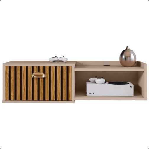 Rack Suspenso Home TV 32" Bancada Flutuante Canadá 90cm Porta Nicho Eletrônico Sala Quarto Pequeno - Lojas RPM (90 cm - Fendi/Ripado) - Imagem 6