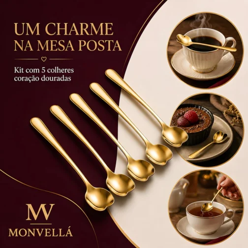 Kit Colher Coração Fofa para Cozinha Mesa Posta Douradas Café Sobremesa Chá Aço Inoxidável Kit Com 5 Colheres Coração - Imagem 4