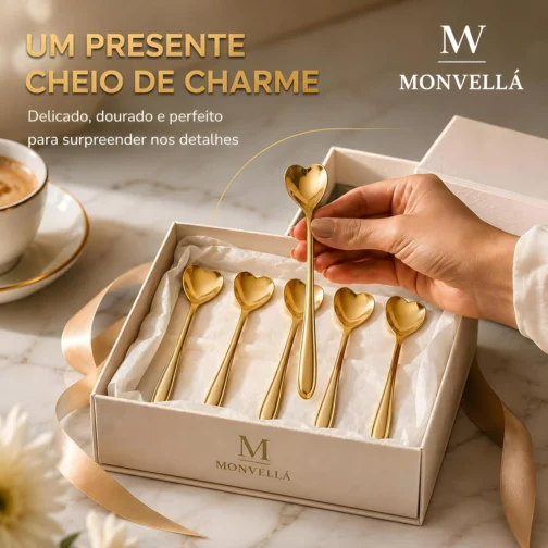 Kit Colher Coração Fofa para Cozinha Mesa Posta Douradas Café Sobremesa Chá Aço Inoxidável Kit Com 5 Colheres Coração - Imagem 7