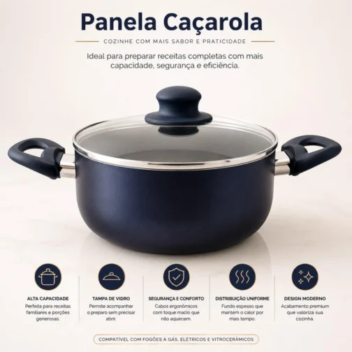 Jogo de Panelas 5 Peças Modena Revestimento Cerâmico Fogão Conjunto Antiaderente Tampa De Vidro Base Compatível Indução Cabo Ergonômico Textura Rígida Azul - Imagem 3
