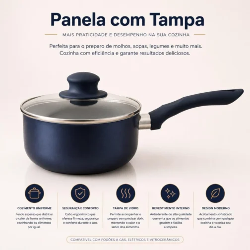 Jogo de Panelas 5 Peças Modena Revestimento Cerâmico Fogão Conjunto Antiaderente Tampa De Vidro Base Compatível Indução Cabo Ergonômico Textura Rígida Azul - Imagem 4