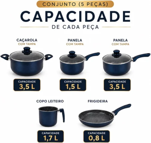 Jogo de Panelas 5 Peças Modena Revestimento Cerâmico Fogão Conjunto Antiaderente Tampa De Vidro Base Compatível Indução Cabo Ergonômico Textura Rígida Azul - Imagem 6