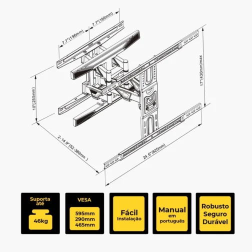 Suporte TV Articulado 32 a 86 Polegadas Universal Padrão VESA Até 46kg Regulável e Inclinável Horizontal Quarto Sala Preto - Imagem 5