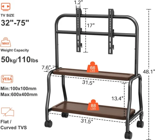 Suporte de TV com rodinhas de cavalete para TVs de 32 a 75 polegadas com - Imagem 7