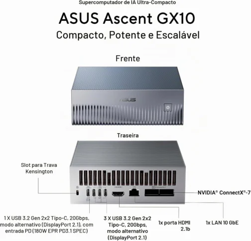 ASUS Supercomputador de IA pessoal Ascent GX10 com superchip NVIDIA GB10, RAM LPDDR5x de 128 GB, SSD PCIe G4x4 NVMe de 1 TB, Wi-Fi 7 e BT5.4, SO DGX e chassi de metal anodizado cinza com pés - Imagem 4