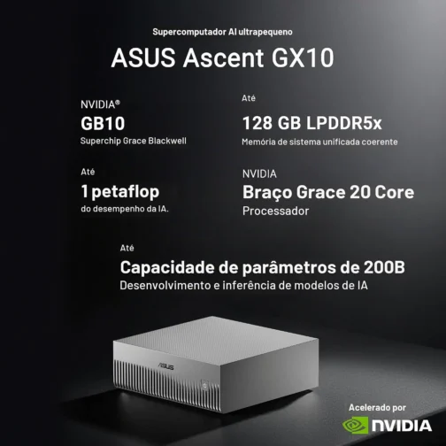ASUS Supercomputador de IA pessoal Ascent GX10 com superchip NVIDIA GB10, RAM LPDDR5x de 128 GB, SSD PCIe G4x4 NVMe de 1 TB, Wi-Fi 7 e BT5.4, SO DGX e chassi de metal anodizado cinza com pés - Imagem 5