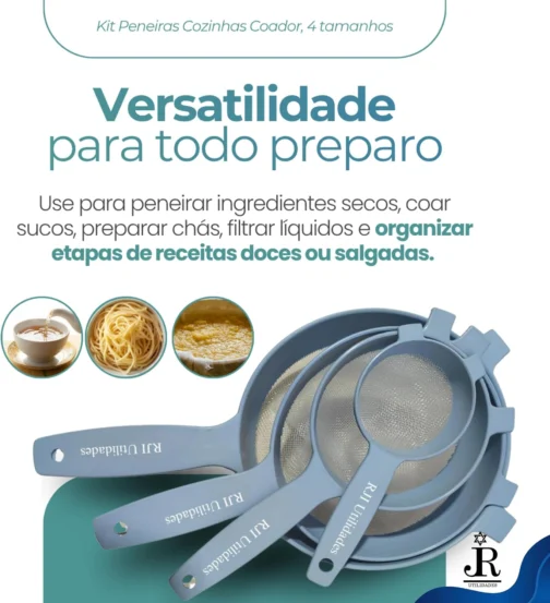 Kit Peneiras Cozinhas Coador, 4 tamanhos, Pequeno Médio Grande Extra Grande Trama Malha Resistente Reforçada - RJI Utilidades (Rosa) - Imagem 5