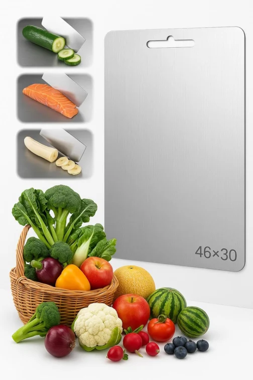 Tábua de Corte de Titânio para Cozinha Aço Inoxidável e PP, Superfície Higiênica para Carnes, Frutas e Vegetais, Afiador Integrado, Canaletas Antirrespingo, Base Antiderrapante Tábua Inox de Cortar - Imagem 2