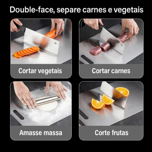 Tábua de Corte de Titânio para Cozinha Aço Inoxidável e PP, Superfície Higiênica para Carnes, Frutas e Vegetais, Afiador Integrado, Canaletas Antirrespingo, Base Antiderrapante Tábua Inox de Cortar - Imagem 3