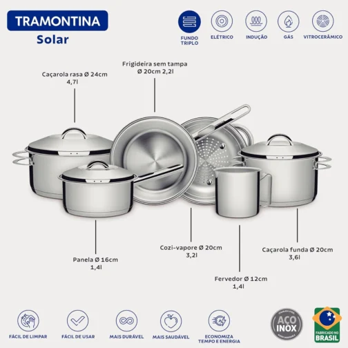 Jogo de Panelas Tramontina Solar em Aço Inox com Fundo Triplo e Tampas de Inox 6 Peças - Imagem 7