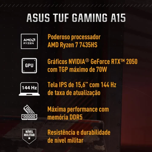 Notebook ASUS TUF Gaming A15 FA506NFR RTX 2050 AMD Ryzen 7 7435HS 16Gb Ram 512Gb SSD Windows 11 Home Tela 144Hz 15,6" FHD Graphite Black - HN060W - Imagem 3