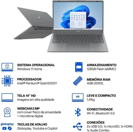 Notebook Multi Ultra Tela 14" HD Intel Pentium Gold 6500Y 4GB RAM 128GB Windows 11 Home - UB364 - Imagem 3