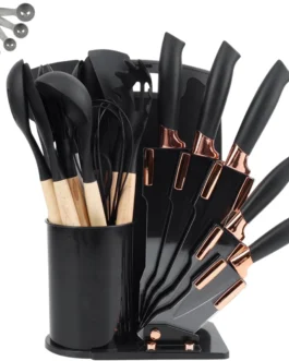 Kit 19 Utensílios De Cozinha Com Cabo De Madeira E Silicone (Preto)