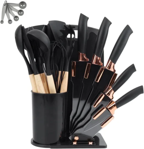 Kit 19 Utensílios De Cozinha Com Cabo De Madeira E Silicone (Preto) - Imagem 2