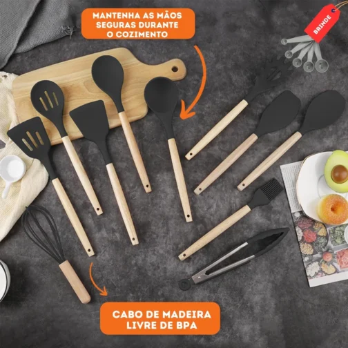 Kit 19 Utensílios De Cozinha Com Cabo De Madeira E Silicone (Preto) - Imagem 4