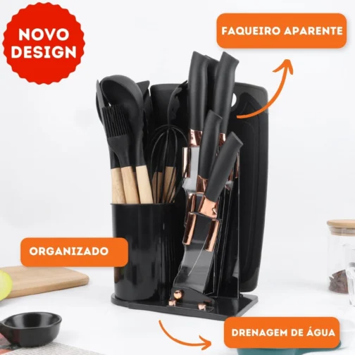Kit 19 Utensílios De Cozinha Com Cabo De Madeira E Silicone (Preto) - Imagem 5