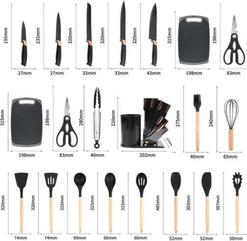 Kit 19 Utensílios De Cozinha Com Cabo De Madeira E Silicone (Preto) - Imagem 6