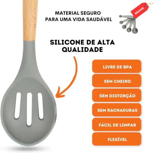Kit 19 Utensílios De Cozinha Com Cabo De Madeira E Silicone (Preto) - Imagem 7