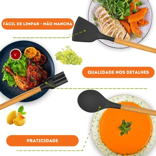 Kit 19 Utensílios De Cozinha Com Cabo De Madeira E Silicone (Preto) - Imagem 8