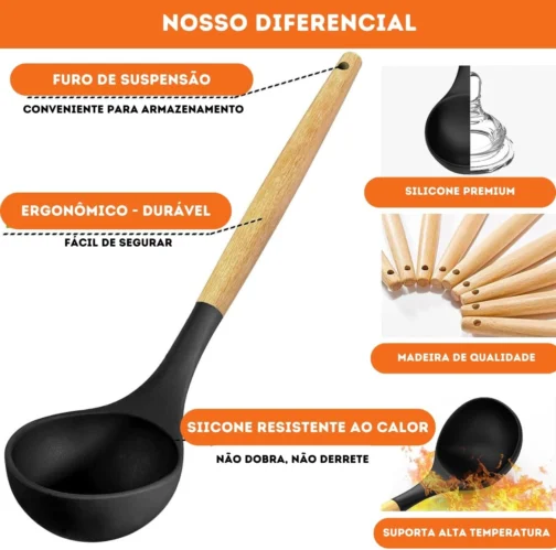 Kit 19 Utensílios De Cozinha Com Cabo De Madeira E Silicone (Preto) - Imagem 9