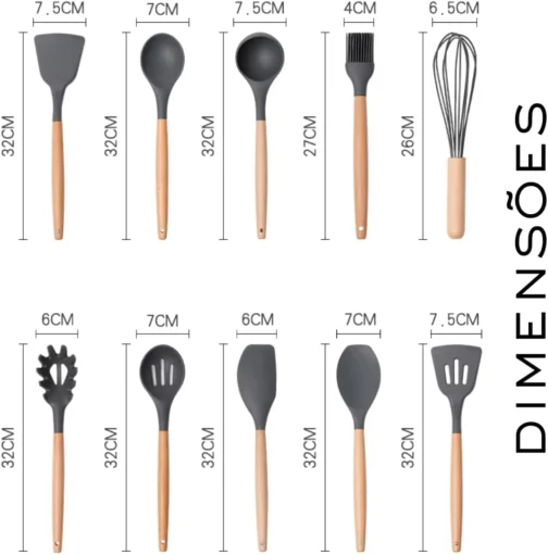 Kit 12 Utensílios de Cozinha em Silicone Cabo Madeira Conjunto Jogo Completo Espátula Concha Colher Resistente Alta Temperatura. Conjunto Premium Completo - Imagem 3