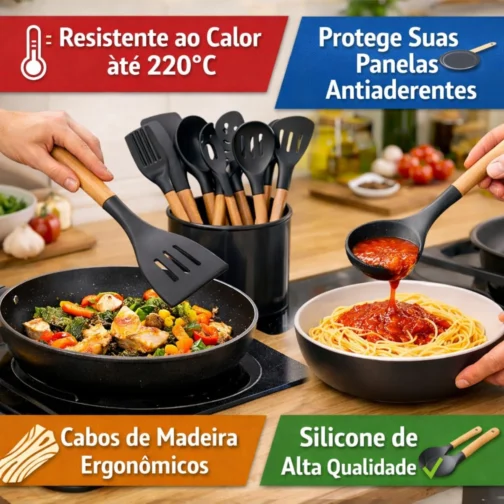 Kit 12 Utensílios de Cozinha em Silicone Cabo Madeira Conjunto Jogo Completo Espátula Concha Colher Resistente Alta Temperatura. Conjunto Premium Completo - Imagem 4