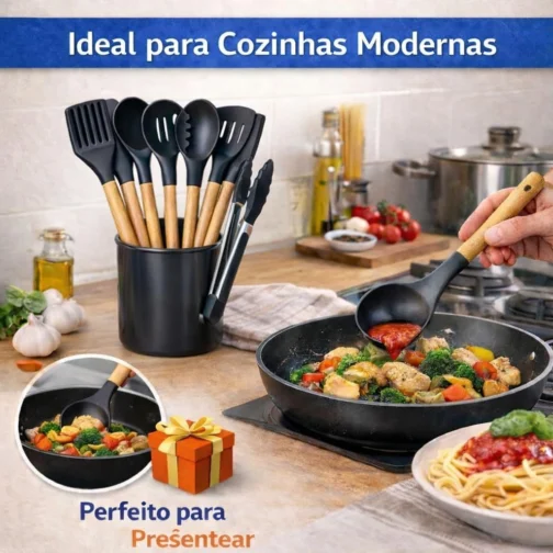 Kit 12 Utensílios de Cozinha em Silicone Cabo Madeira Conjunto Jogo Completo Espátula Concha Colher Resistente Alta Temperatura. Conjunto Premium Completo - Imagem 5