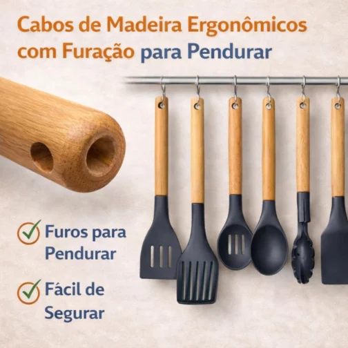 Kit 12 Utensílios de Cozinha em Silicone Cabo Madeira Conjunto Jogo Completo Espátula Concha Colher Resistente Alta Temperatura. Conjunto Premium Completo - Imagem 6