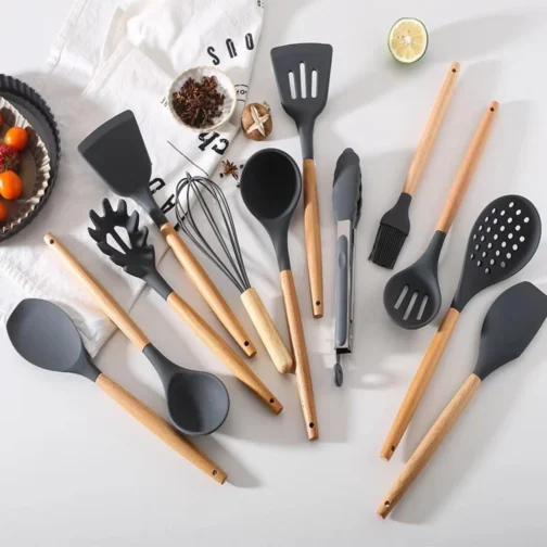 Kit 12 Utensílios de Cozinha em Silicone Cabo Madeira Conjunto Jogo Completo Espátula Concha Colher Resistente Alta Temperatura. Conjunto Premium Completo - Imagem 7