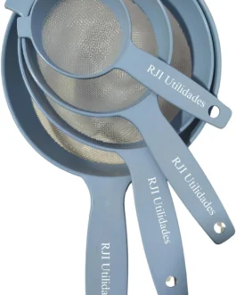 Kit Peneiras Cozinhas Coador, 4 tamanhos, Pequeno Médio Grande Extra Grande Trama Malha Resistente Reforçada – RJI Utilidades (Azul)