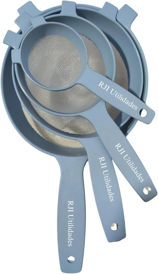 Kit Peneiras Cozinhas Coador, 4 tamanhos, Pequeno Médio Grande Extra Grande Trama Malha Resistente Reforçada - RJI Utilidades (Azul) - Imagem 2