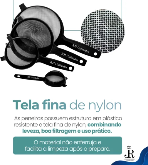 Kit Peneiras Cozinhas Coador, 4 tamanhos, Pequeno Médio Grande Extra Grande Trama Malha Resistente Reforçada - RJI Utilidades (Azul) - Imagem 4