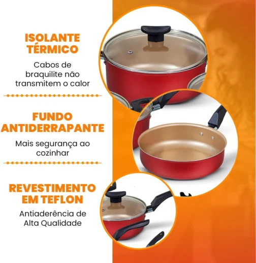 Jogo de Panelas 10 Peças Cereja Antiaderente c/Tampa de Vidro e Utensílios - Imagem 4