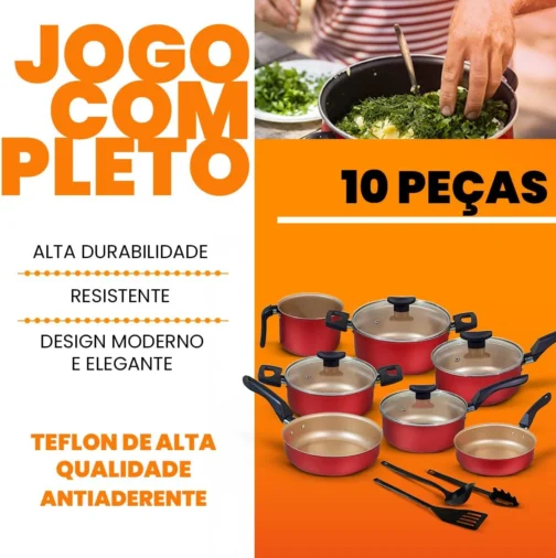 Jogo de Panelas 10 Peças Cereja Antiaderente c/Tampa de Vidro e Utensílios - Imagem 5