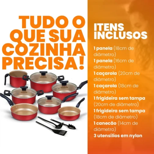 Jogo de Panelas 10 Peças Cereja Antiaderente c/Tampa de Vidro e Utensílios - Imagem 6