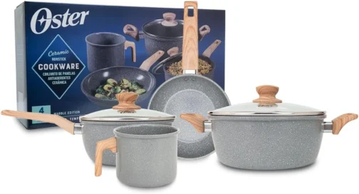 OSTER JOGO DE PANELAS E LEITEIRA MARBLE EDITION DARK GREY – 4 PEÇAS COM REVESTIMENTO CERÂMICO ANTIADERENTE, ALÇAS EM SILICONE ANTITÉRMICO E BASE COMPATÍVEL COM INDUÇÃO - Imagem 2