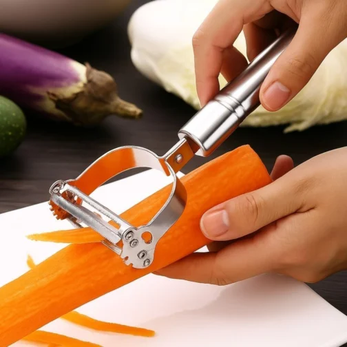 Descascador de Legumes e Frutas Aço Inox Multifuncional 3 em 1 – Lâmina Ultra Afiada, Cortador e Fatiador, Design Ergonômico Profissional para Cozinha - Imagem 10