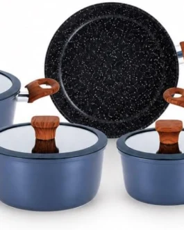 Jogo de Panelas 5 Peças Revestimento Cerâmico Fogão Conjunto Antiaderente Tampa De Vidro Silicone Base Compatível Indução Cabo Textura Madeira Azul Escuro