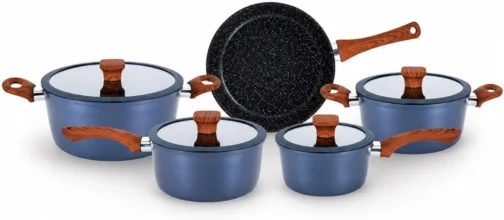 Jogo de Panelas 5 Peças Revestimento Cerâmico Fogão Conjunto Antiaderente Tampa De Vidro Silicone Base Compatível Indução Cabo Textura Madeira Azul Escuro - Imagem 2