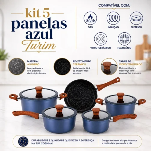 Jogo de Panelas 5 Peças Revestimento Cerâmico Fogão Conjunto Antiaderente Tampa De Vidro Silicone Base Compatível Indução Cabo Textura Madeira Azul Escuro - Imagem 3