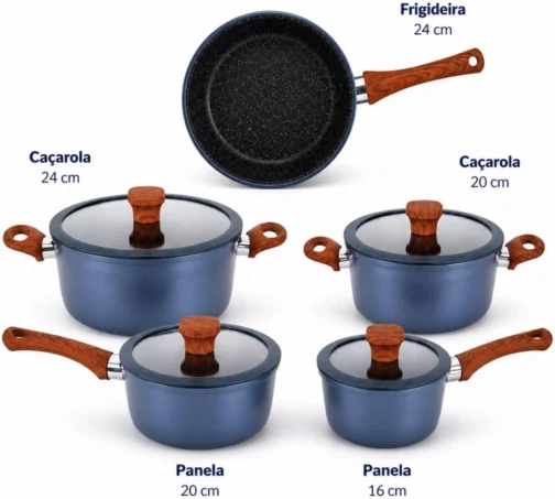 Jogo de Panelas 5 Peças Revestimento Cerâmico Fogão Conjunto Antiaderente Tampa De Vidro Silicone Base Compatível Indução Cabo Textura Madeira Azul Escuro - Imagem 5