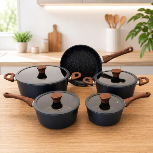 Jogo de Panelas 5 Peças Revestimento Cerâmico Fogão Conjunto Antiaderente Tampa De Vidro Silicone Base Compatível Indução Cabo Textura Madeira Azul Escuro - Imagem 6